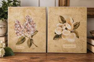 Vintage Cheri Blum CB Lilac Magnolia Floral Wall Art Plaques Set of 2